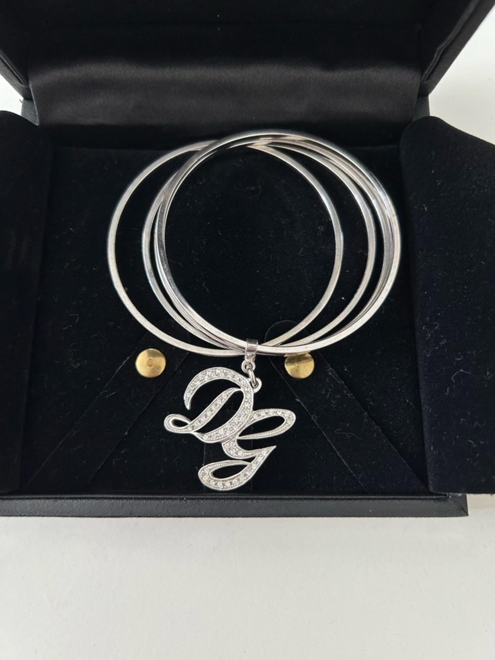 Dolce & Gabbana Silver Tone Bangle Set with 'DG' Crystal Initial Charm